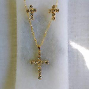 CONJUNTO EM SEMI JÓIA CRUZ C/ ZIRCÔNIA CRAVEJADA