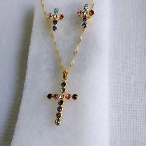 CONJUNTO EM SEMI JÓIA CRUZ C/ ZIRCÔNIA CRAVEJADA COLORIDA